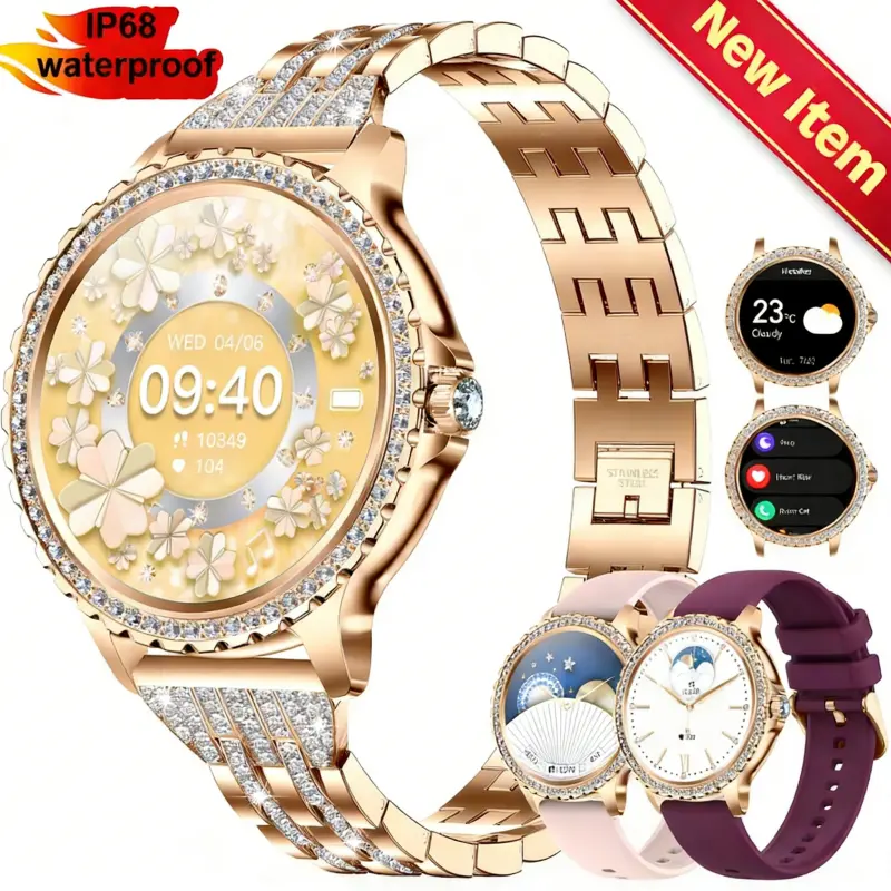 Rose Gold Women’s Smart Watch with Diamond-Studded Bezel & Crystal Strap, 1.32” HD Full Touchscreen Display, Bluetooth Call Answer/Reject, Sleep & Step Tracker, 100+ Sport Modes, AI Voice Assistant, USB Charging, Stylish Silicone Band + Extra Strap