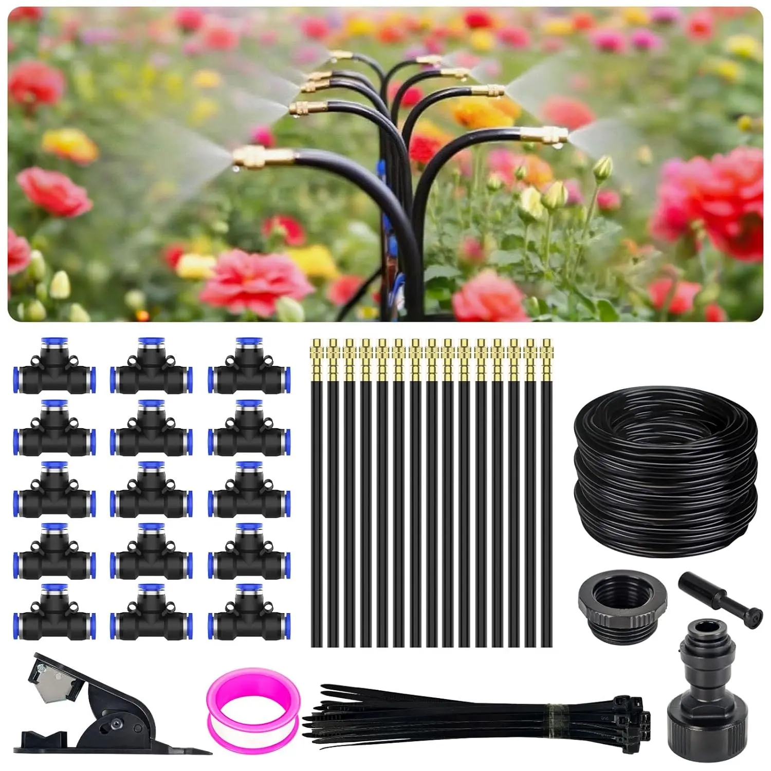 360? Adjustable Drip Irrigation System - Garden Watering System 50FT with 15 Nozzles, Drip Irrigation Kit for Garden, Yard, Lawn, Greenhouse, , 5/16 inch Hose