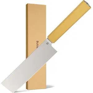 Butterfork Purest 6.2'' Nakiri Knife with Oak Sheath, AR-RMP9 Stainless Steel, Replaceable ABS Handle, Pale Yellow