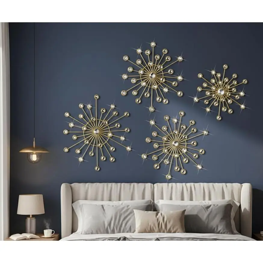 XYZWOMN 4 Pcs Gold Metal Wall Decor, Bling Crystal Sunburst Wall Art with Rhinestones, 3D Starburst Hanging Sculptures for Living Room Bedroom Entryway Home Decoration (12/10/8 Inch)