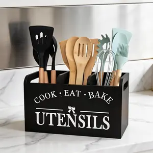 Utensil Holder Rustic Utensil Caddy Utensil Crocks With 3 Compartments For Kitchen Counter, Kitchen Wooden Utensils Organizer, Farmhouse Wood Flatware Utensil Organizer Storage Box For Silverware Fork Spoon Spatula