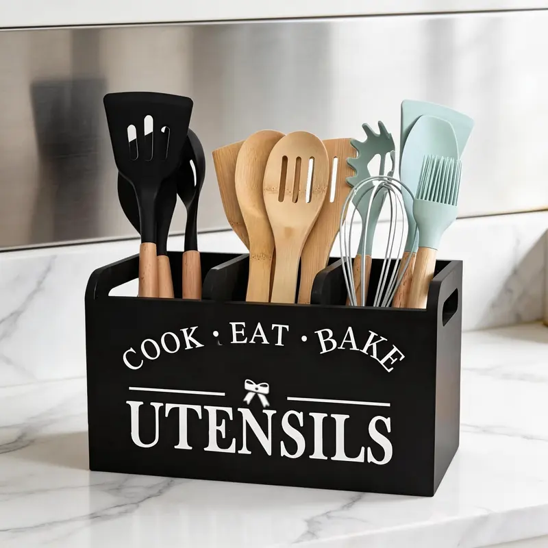 Rustic 3-Compartment Wooden Kitchen Home Storage Box - Utensil Countertop Organizer for Cooking Tools, Decorative Farmhouse Caddy with 30+ Piece Capacity, Ideal Home Decor Gift