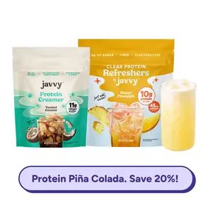 Javvy Protein Piña Colada TikTok Exclusive Bundle - Mango Pineapple Clear Protein Refresher + Toasted Coconut Protein Creamer - 10g + 11g Protein, 45mg Caffeine, 0g Sugar, Fiber, Electrolytes & MCTs, Naturally Flavored, Just Add Water