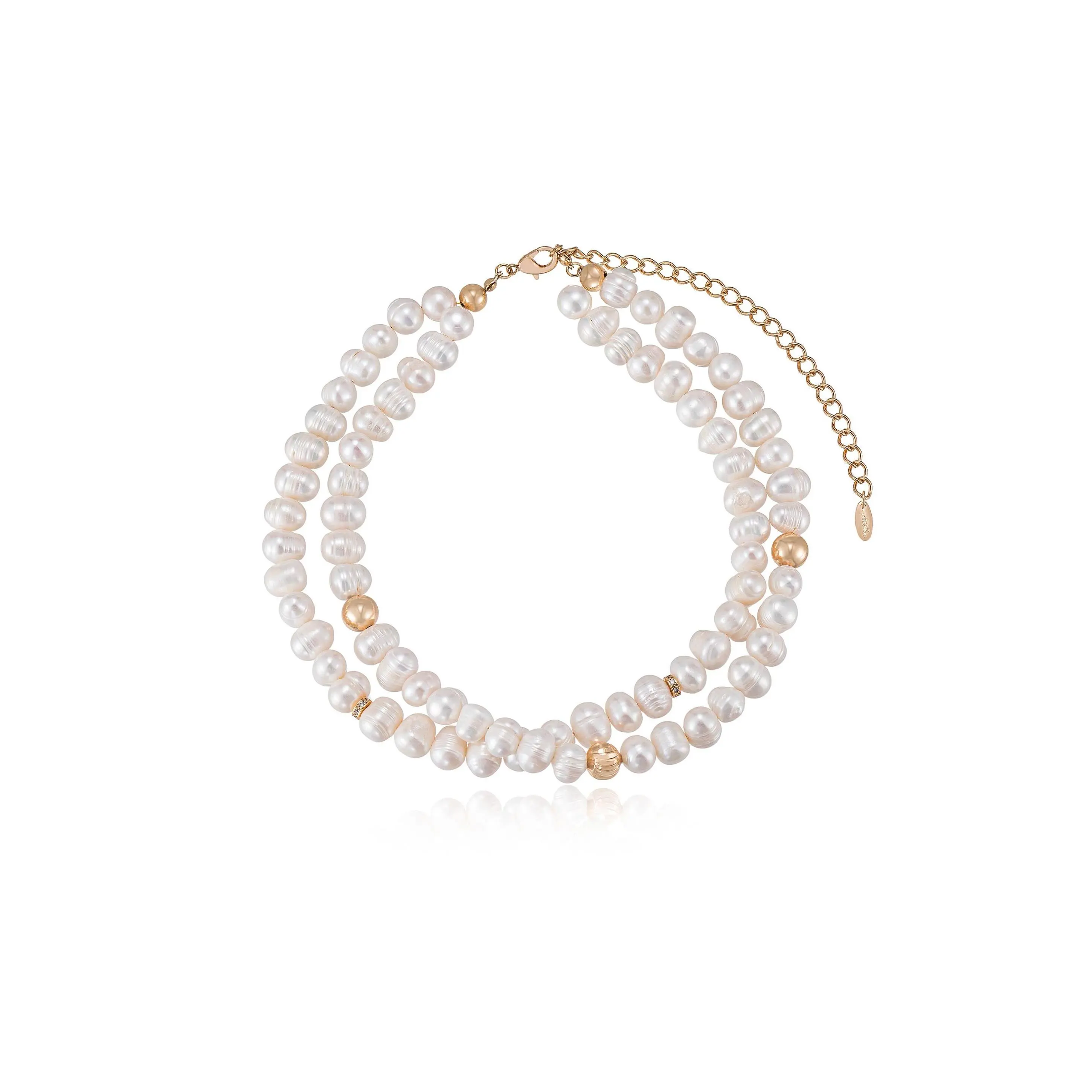 Ettika Double Strand Pearl Necklace with Beads and Gold Accents 18kt Gold Plated Brass Fresh Water Pearls 15 Inches with 5 Inch Extender