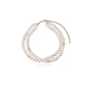 Ettika Double Strand Pearl Necklace with Beads and Gold Accents 18kt Gold Plated Brass Fresh Water Pearls 15 Inches with 5 Inch Extender