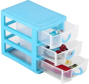 Mini Desktop Storage Drawer Organizer with 3 Drawers, Plastic Jewelry Storage Box, Stationery Organizer Cabinet for Office Desk, Makeup Accessories, Craft Supplies, Blue