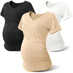 Long Enough Maternity Shirts Short Sleeve Summer Pregnancy Tops& Tees Clothes V Neck Casual Outfits for Women 3 Pack