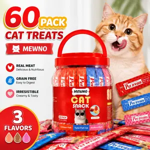 MEWNO 60 Pack Lickable Cat Treats,Creamy Puree Cat Snack Tubes,No-Grain Wet Food Topper,High-Moisture Treats for Picky Cats,Kittens,Adults & Seniors