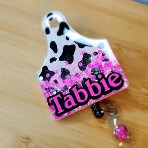 Cow Print Ear Tag w/Ombre' Glitter Resin Retractable Badge Reel