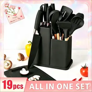 19-Piece Kitchen Knife Set with Heat-Resistant Silicone Cutlery & Wooden Handles - Includes Chef Knife, Non-Stick Compatible Tools, pots pans set Valentine's Day and More Cookware non stick pots and pans Kitchenware Nonstick Ladle Stylish White Pink
