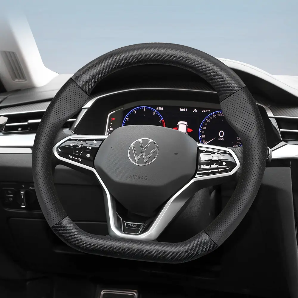 For Volkswagen Steering Wheel Cover Carbon Fiber Textured Leather and Perforated PU Leather Fits Tiguan/Golf/T-Roc/Polo/Passat/Jetta/ID.3/ID.4/Atlas, Car Accessories