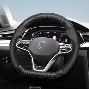For Volkswagen Steering Wheel Cover Frosted Carbon Fiber Textured Leather and Perforated Breathable PU Leather Fits Tiguan/Golf/T-Roc/Polo/Passat/Jetta/ID.3/ID.4/Atlas/Teramont/Taos/T-Cross/Taigo/Touran/Multivan/Caddy, Car covers