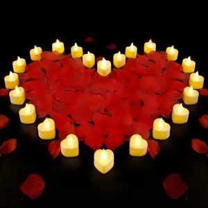24 Pcs Heart Shape Flameless Led Candles with Red Artificial Rose Petals, Rose Petals and Candles Set,Romantic Decorations Special Night,Valentines Day Wedding Anniversary Decorations
