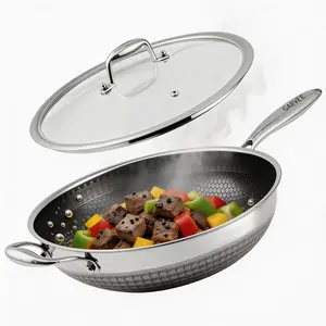 12 Inch Stainless Steel Wok Pan,4L Hybrid Woks & Stir-Fry Pans Nonstick with Snowclad Technology,Induction Cooking Pan with Lid,PFOA Free Cookware,Dishwasher