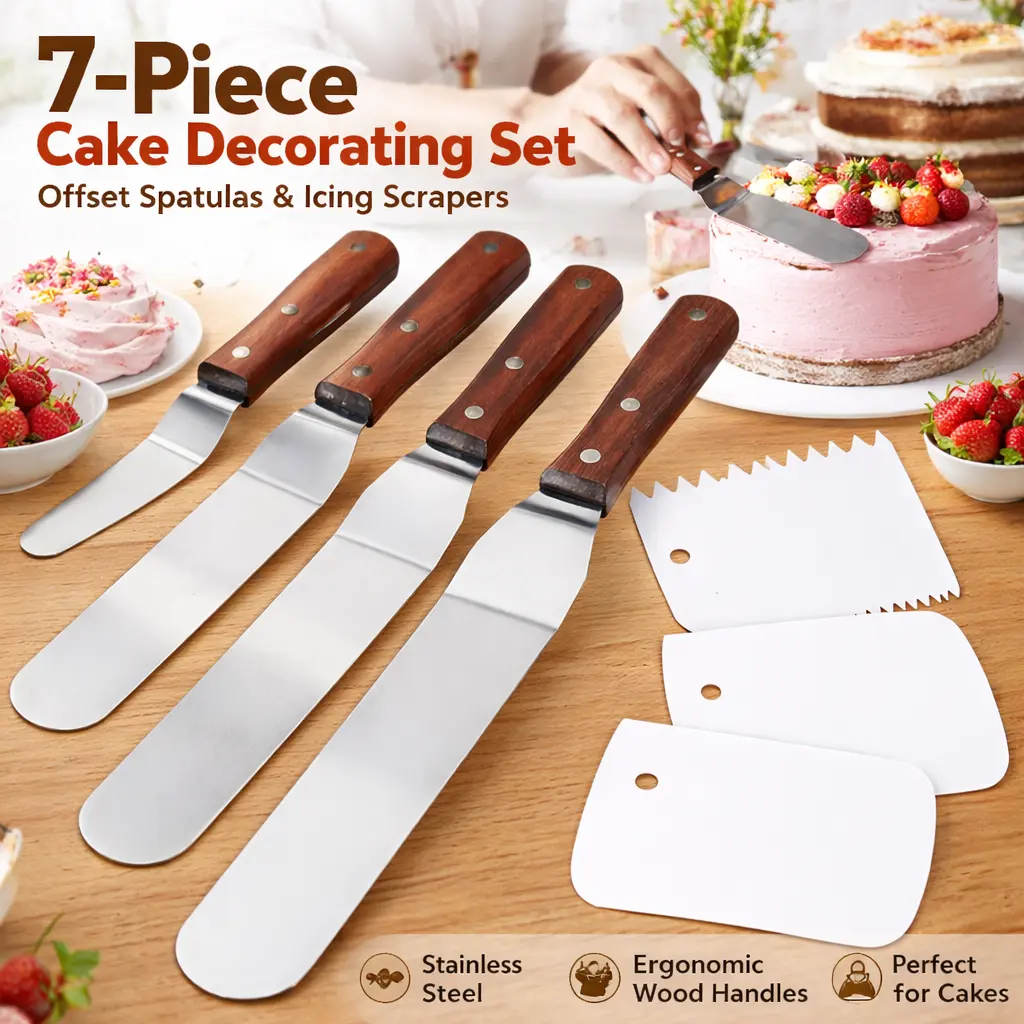 4-Piece Angled Offset Spatula Set with Cake Smoothers – Stainless Steel Icing Spatulas for Baking and Cake Decorating