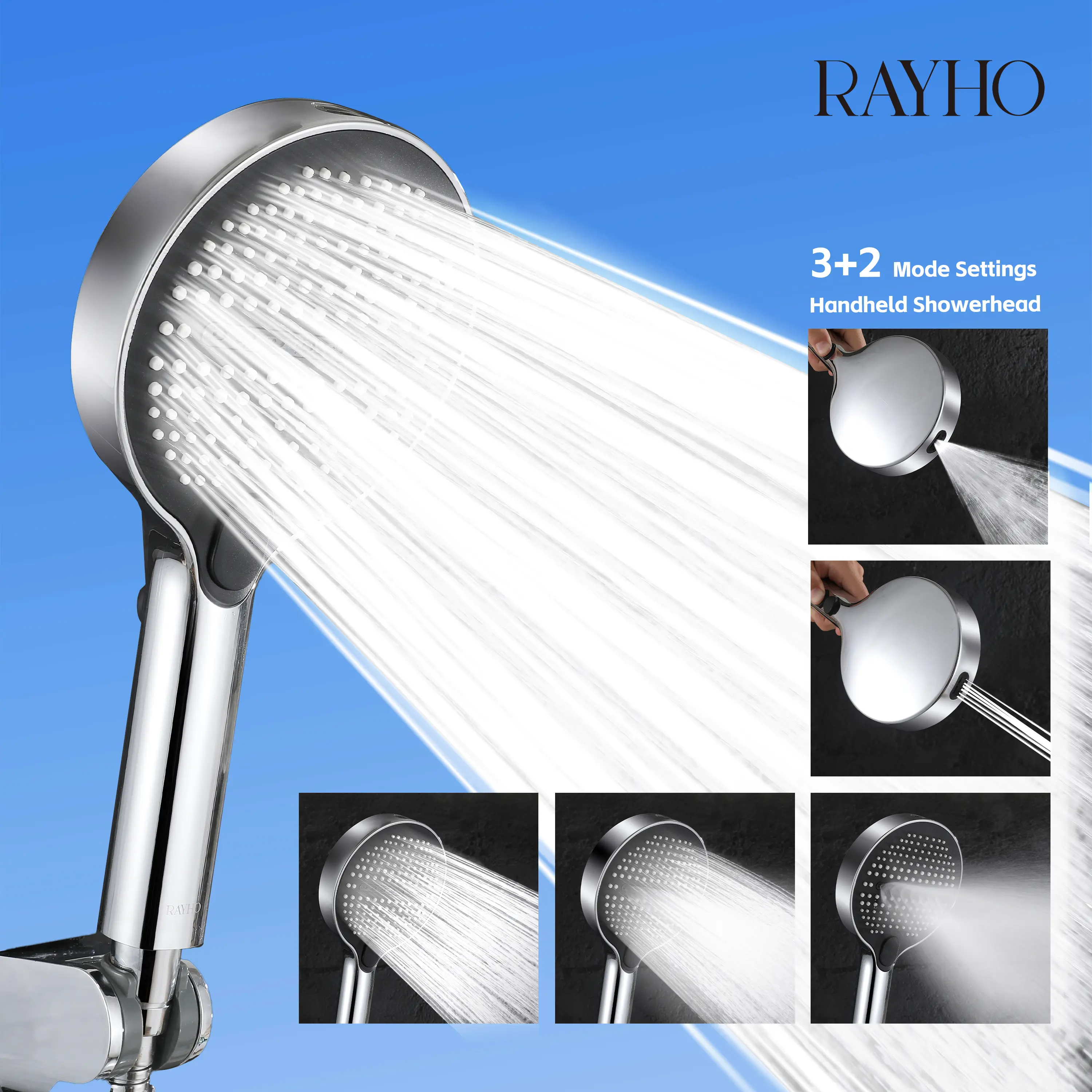 RAYHO Pressure Handheld Showerhead for Bathroom Setup, 3+2 Modes, 135mm Large Panel, 162 Silicone Jets, Electro-Oil Plated, 59in Stainless Steel Hose, Extended Reach Shower Heads with Durability and Style, Bathroom Shower System, Handheld Shower Head With