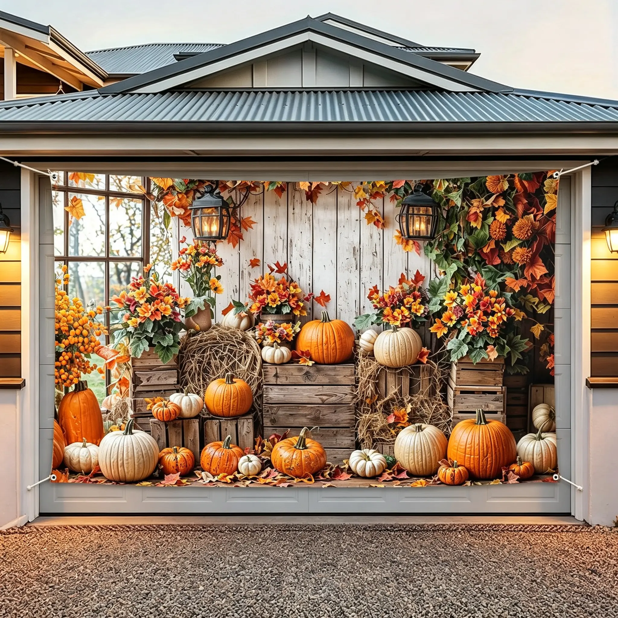 Rectangle Polyester Fall Pumpkin Harvest Backdrop, Rustic Wooden Wall, Maple Leaf, Sunflower Background Cloth, Autumn Farmhouse Decor Banner for Thanksgiving Party, Photoshoot, Indoor-Outdoor Wall Yard Garage Door Decor