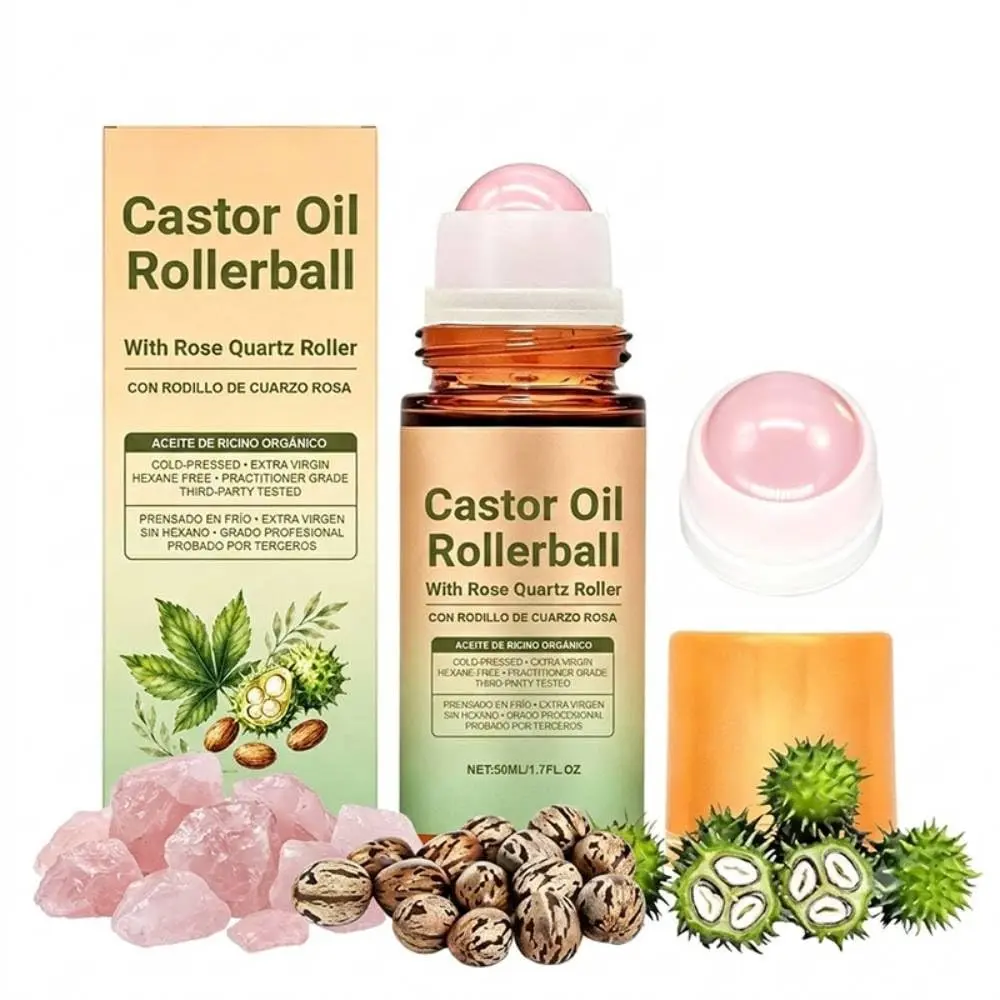 Organic Castor Oil Rose Quartz Roller Ball, 1.7 fl oz | 100% Pure Cold Pressed, Roll On with Rose Quartz, Moisturize Skin for Face, Body, Hair & Eyebrows, Amber Glass Bottle