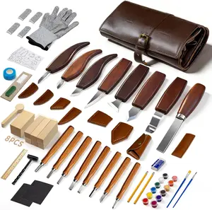 【FathersDayGift】VMYTH Wood Carving Kit, 68PCS Complete Whittling Kit with Leather Storage Bag,16 Carbon Steel Knives, 8 Basswood Blocks & Paint,Ideal Wood Carving Set for Beginners,Enthusiasts Gift DIY