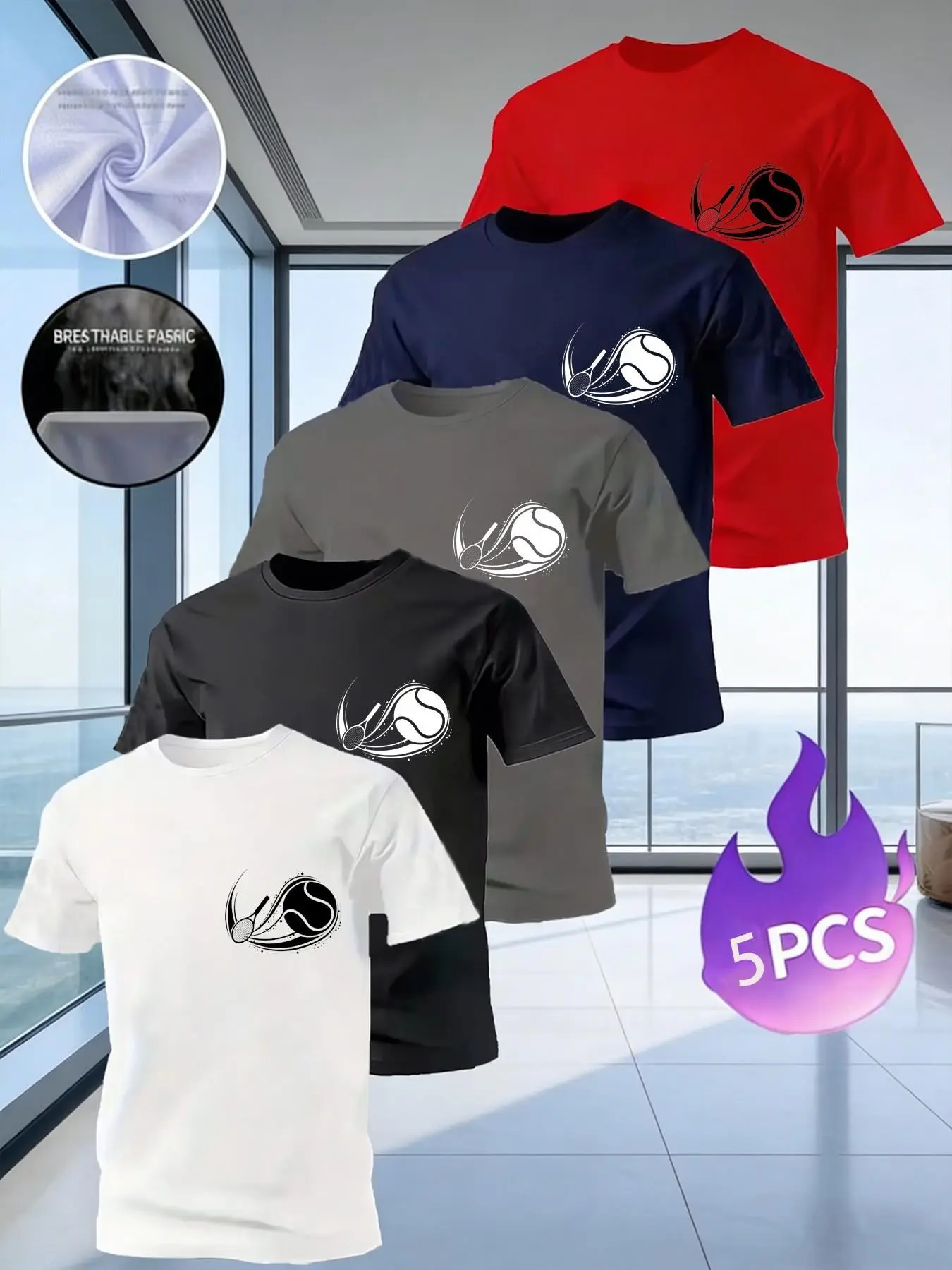 5 Pack Men's Tennis Racket & Ball Print T-Shirts, Casual Breathable Quick-Dry Short Sleeve Athletic Tops, Sporty Casual Tees for Men, Workout T Shirt
