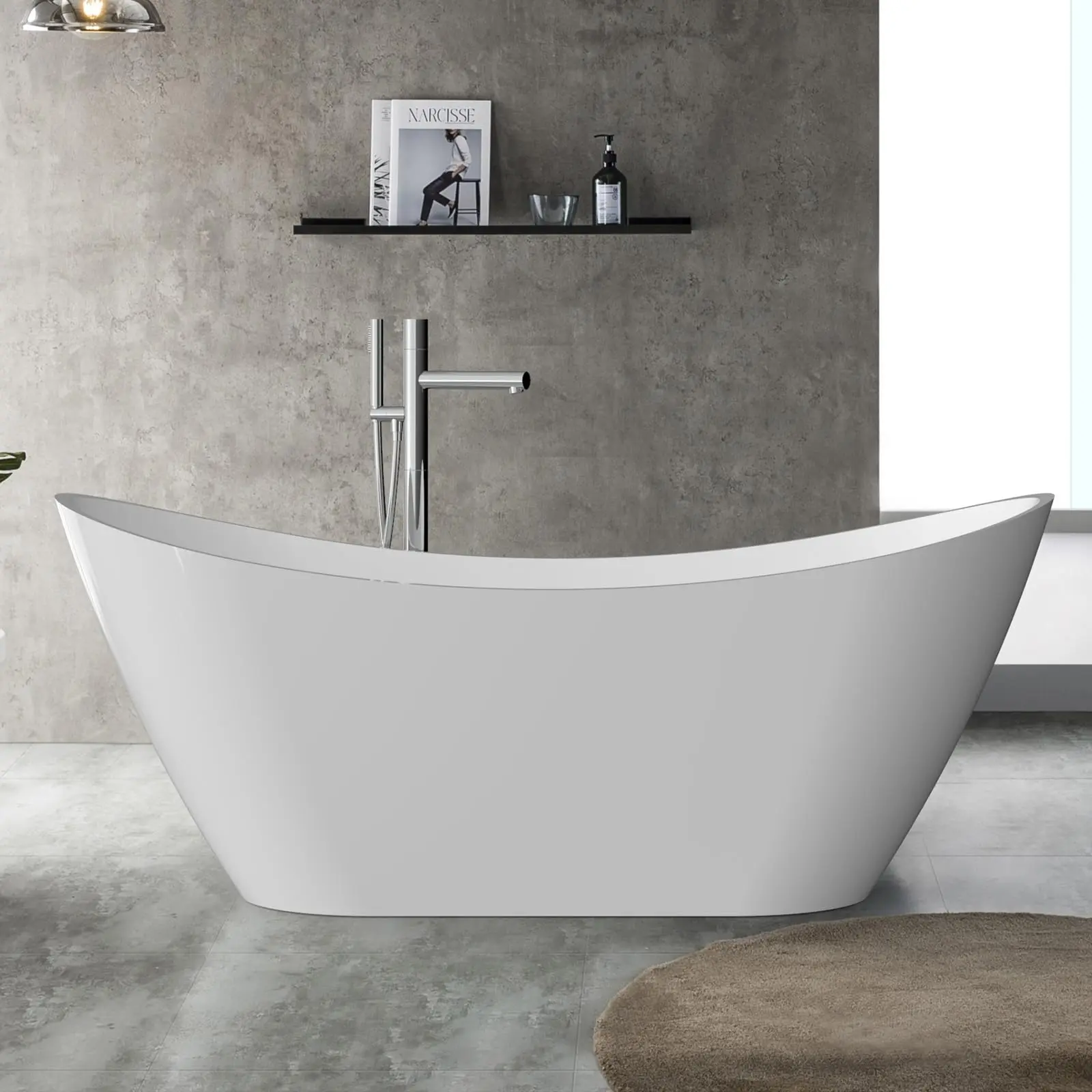 Garvee Upgraded-59 Inch Freestanding Bathtub, Deep Soaking Acrylic Tub, Ergonomic Design, Non-Slip Glossy White, Chrome Overflow and Drain, Tool-Free Easy Installation, cUPC Certified, for Bathroom Remodels