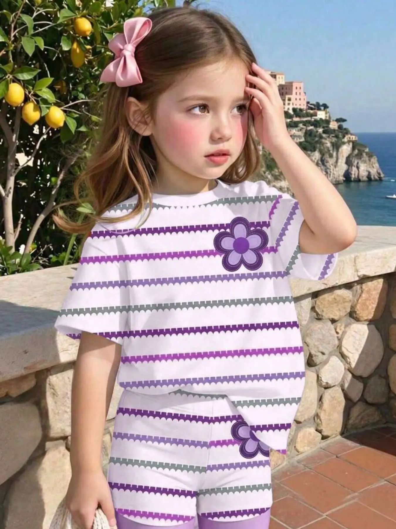 Girls' Cute Printed Two-Piece Set, Summer Set, Matching Outfits Set, Fashion T-Shirt and Matching Shorts, Cool Outdoor Casual Wear, Slim-Fitting, All over Print