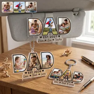 Personalized Dad Photo Acrylic Car Visor Clip – Custom DAD Keychain Ornament, Gift from Kids with Names, Father’s Day Gift for Dad