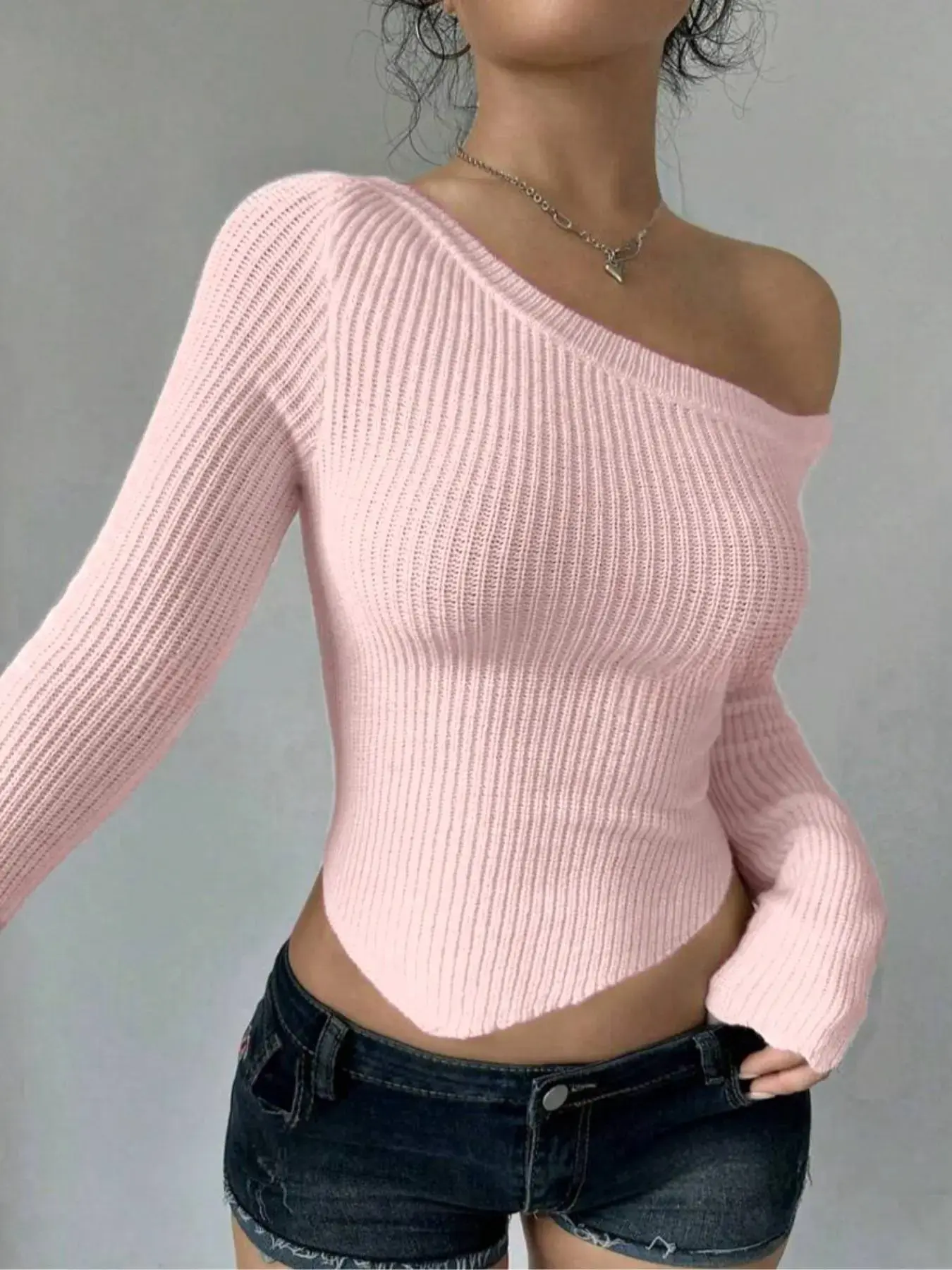 Women's Plain Asymmetrical Neck Crop Sweater, Long Sleeve Jumper With Uneven Hem, Basic Fashion Spring Fall Knitwear, Comfortable Womenswear Suitable for Daily Errands, Weekend Hangouts and Casual Leisure Occasions