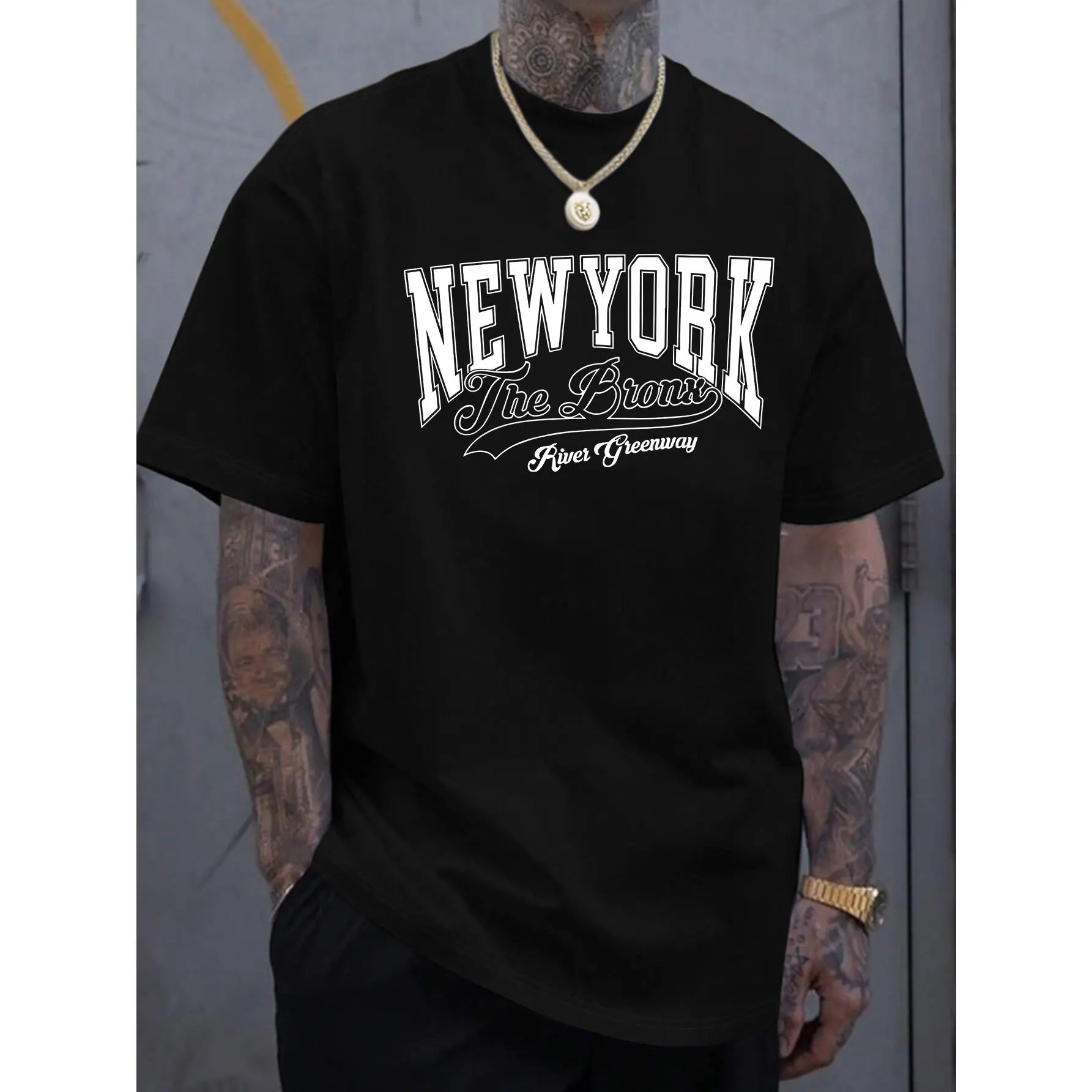 Men's City Skyline & '' Letter Print T-Shirt - Black with White NYC Landmarks (Statue of /Manhattan Bridge) - Casual Short Sleeve Round Neck Tee for Casual ttire & -Season, Mens Tshirt, Mens T Shirts, Mens Clothes, Mens Graphic Tees, Mens Shirts, Mens T S