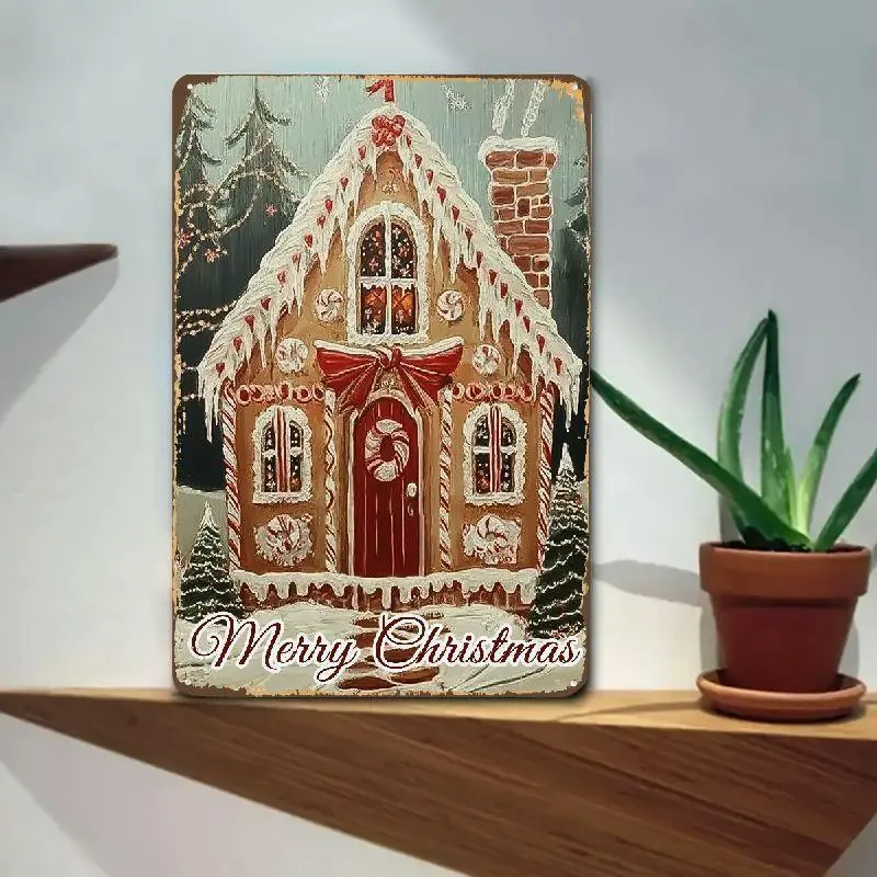 Aluminum Vintage Gingerbread House Christmas Sign Festive Decoration with Snow Roof Candy Cane and Merry Christmas Text Durable Rust Resistant Wall Art for Bedroom