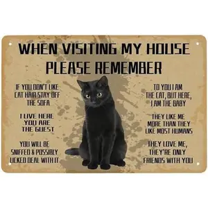 Vintage Retro Tin Sign - 8"x12" Waterproof Print, Funny House Rules Reminder, Black Cat Door Decoration Items for Cat Lovers Home Decor Plaque