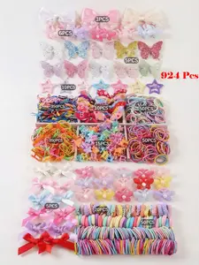 924pcs Girls Colorful Fabric Bow Hair Clips, Elastic Hair Ties, Rabbit Ear Hair Bands, Versatile Hair Accessories, Suitable For Daily Use, Elastic Hair Accessory