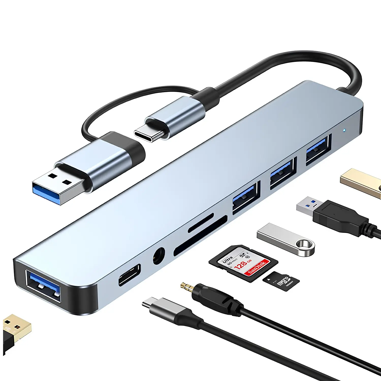 8-in-1 USB C Hub Adapter, USB-C Docking Station with 4 USB Ports, SD/TF Card Reader, 3.5mm Audio & USB-C Port, Dual USB-A/C Input for MacBook, iPad, PC & Laptop