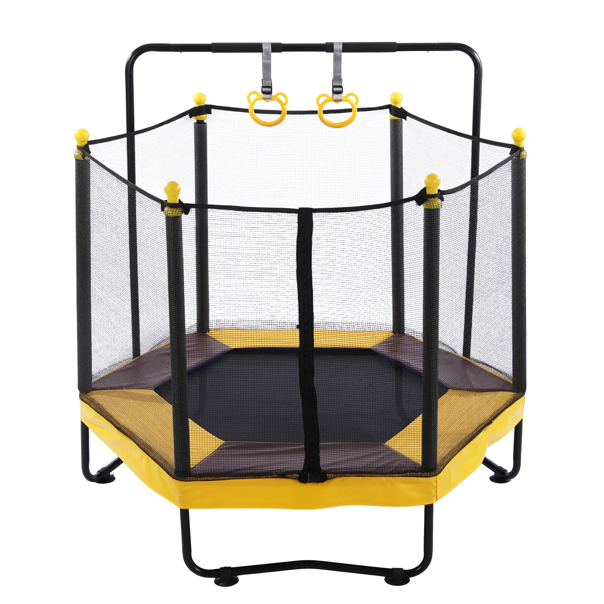 SAYGOGO 54-Inch Kids Trampoline with Safety Enclosure, 5-in-1 Indoor Outdoor Playset with Iron Frame, Rings, Hoop, and Boxing Bag for Trampoline Workout
