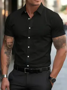 Men's Fitted Short Sleeve Business Shirt, High Stretch Breathable Anti-Wrinkle Fabric, Classic Collar Button Front, Casual Office Wear, Menswear
