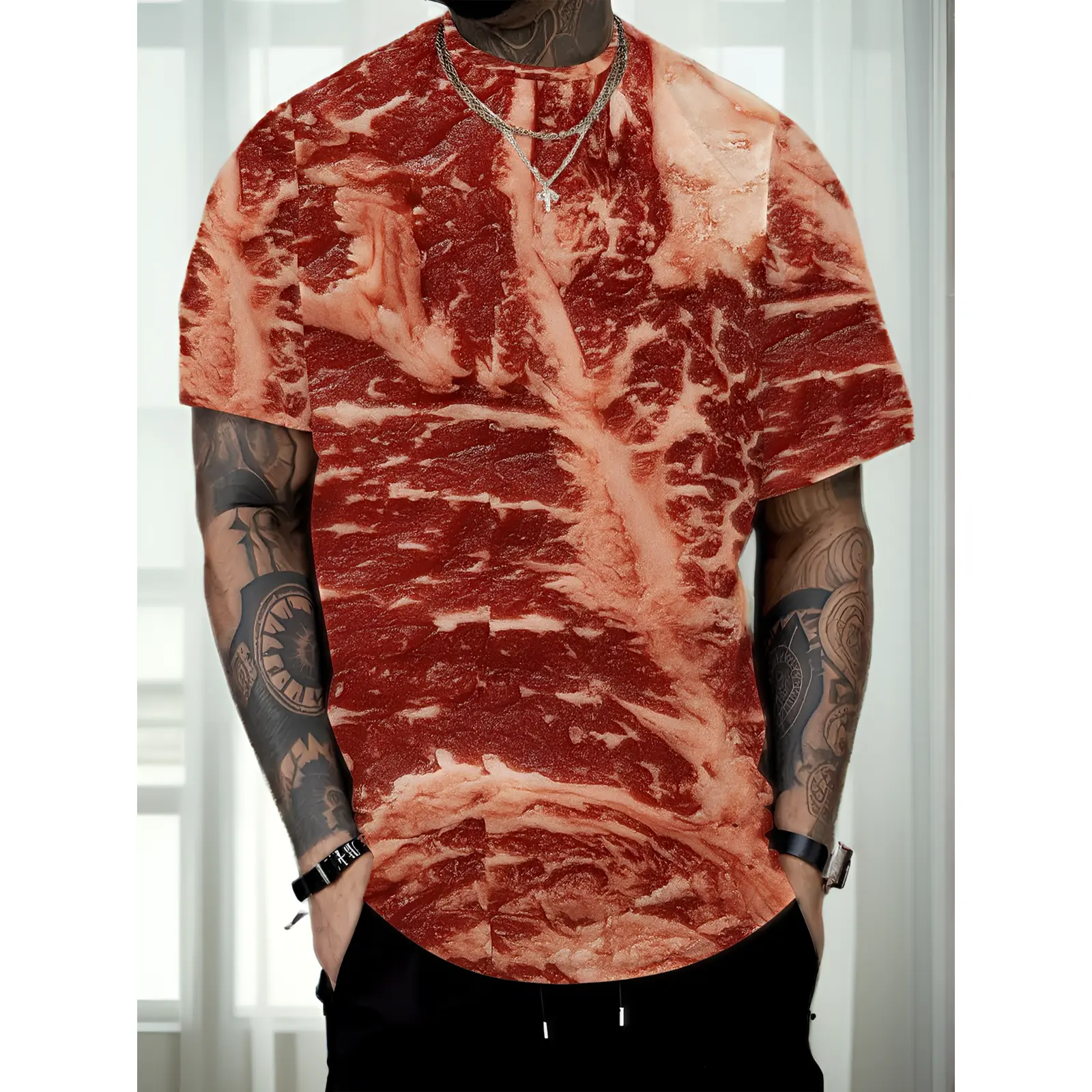 High QualityMen's 3D Steak Print T-Shirt- Meat Texture and Cow Pattern Design, Marble Beef Pattern, H-line Cut, Round Neck, Short-sleeved Summer Wear, Casual Apparel for Barbecue Themed PartiesLeisure and Fashion