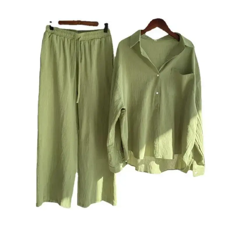 (New) Women's Minimalist 2-Piece Casual Cotton Linen Set - Collared Blouse/Shirt, High-Waisted Loose Cut Pants, Functional Accessories, Outdoor Sport Casual Wear Elegant Clothing, Two Piece Set, Long Pants