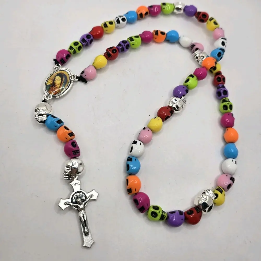All Souls Day Stretchy Rosary Bracelet w/Our Lady of Guadalupe Pendant
