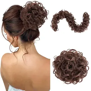 Benehair Messy Bun Hair Piece Juva Bun Hair Scrunchie Fluffy Curly Touseld Updo DIY Wrap Around Ponytail Hairpiece 32inch Wavy Donut Chignons for Women Medium Brown 85g Black Cherry Pre-Cut Blow Out Wig