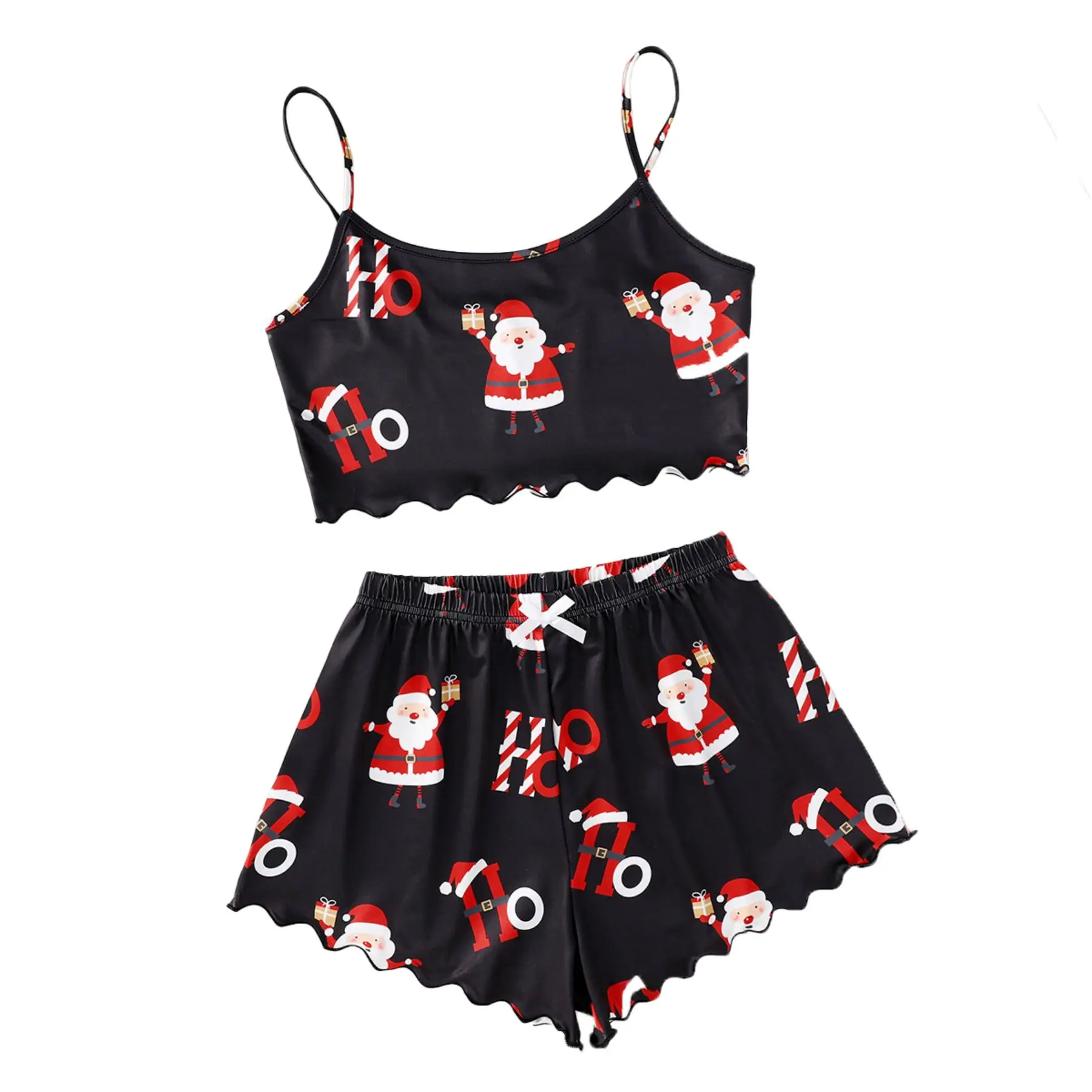 2 Piece Set Women Christmas Pajamas Sweet Suspender Snowflake Print Trim Short Top Shorts Suit