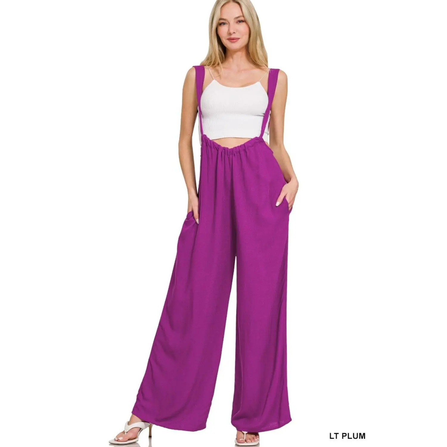 Zenana Woven Tie Back Suspender Jumpsuit
