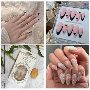 48pcs Press On Nails Set – Romantic Bloom 3D Floral Design & Noir Heart French Tips with Nude Pink Matte Finish, Gold Line & Heart Detail, DIY Artificial Nail Kit, Nail Transitions