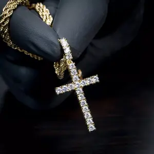 Hip Hop Iced Cubic Zirconia Holy Cross Pendant & 4mm 18" 20" 24" Rope Chain Necklace Jewelry