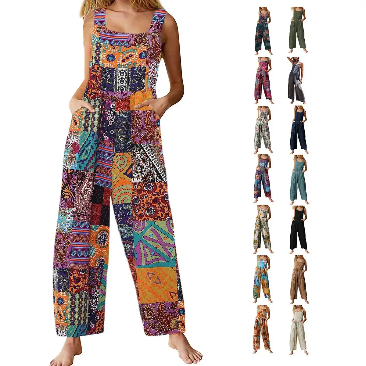 Women's Patchwork Dual Pocket Jumpsuit Summer Boho Loose Floral Print Bohemian Wide Leg Bib Overall