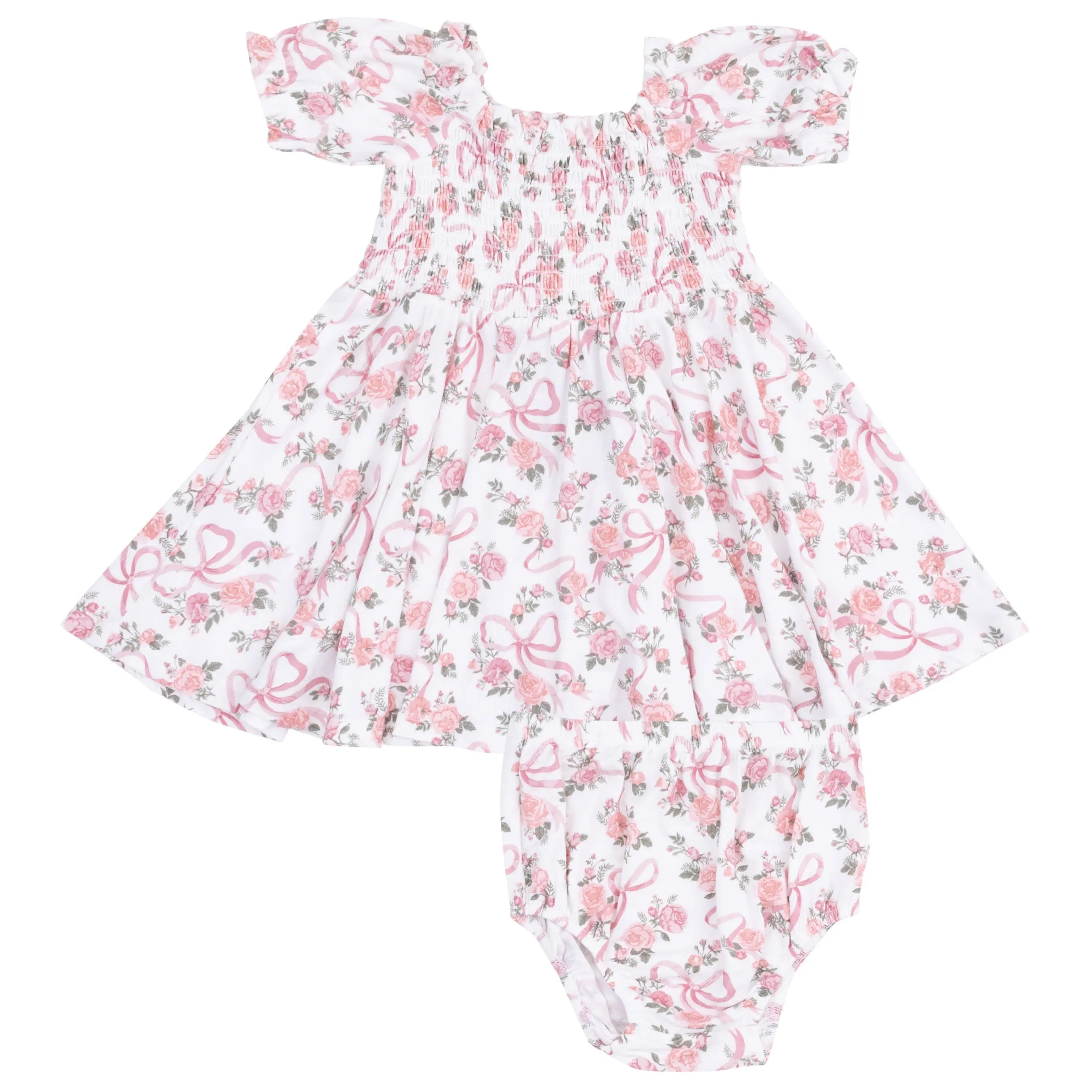 Puff Sleeve Smocked Dress and Diaper Cover - Ribbons and Flowers
