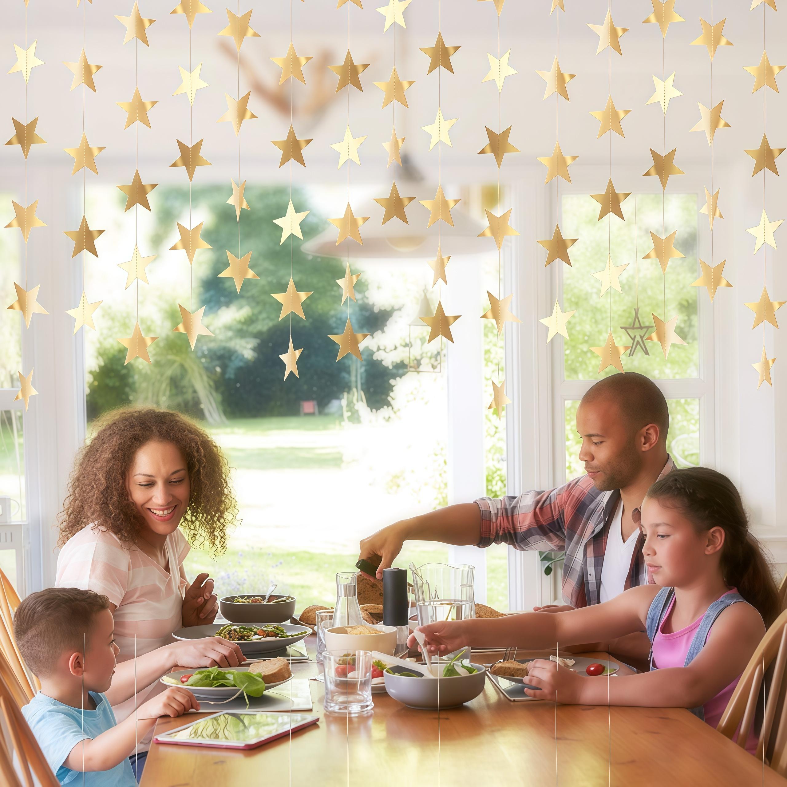 Champagne Gold 2-Sided Paper Glitter Star Garland Banner, 130-ft 2.75-in Lightweight Mountable Wall Hanging Twinkle Backdrop, Festive Home & Wedding Supplies Ornament with Pouch for Birthday Decor