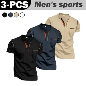 3PCS-2026 Summer 3D Henley Collar Casual Polo Shirt Fashionable Versatile Solid Color Top New Men's Short Sleeve T-Shirt