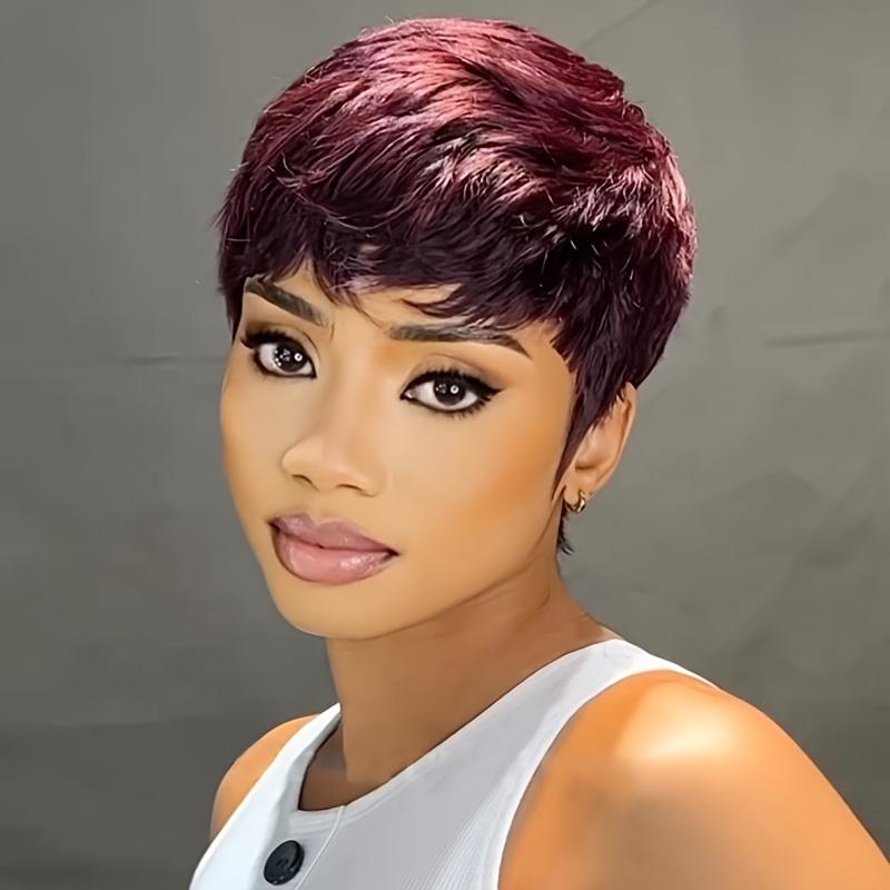 Chic 6-Inch Pixie Cut Wig with Bangs in Vibrant Red 99J Burgundy - 180% Density Brazilian Remy Human Hair, Perfect for Halloween & Cosplay, Layered Wigs, Comic Exhibitions