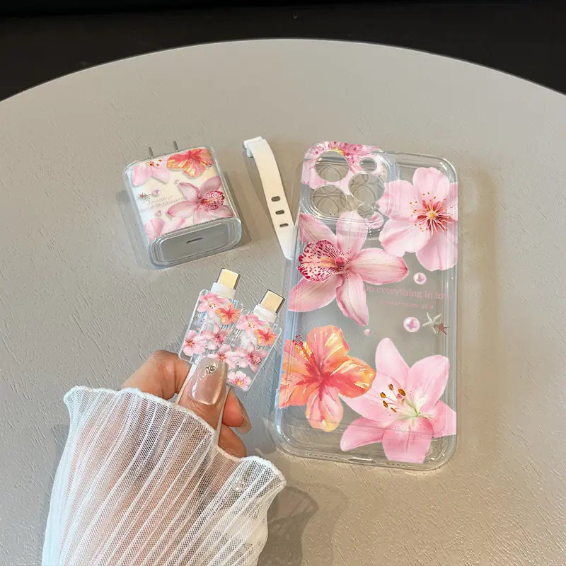 iPhone Case Set, Protective Cellphone Casing, Transparent Space Design, Floral Lily Print, Shockproof, Protective, Includes Charger Protector & Cable Cover, Fits iPhone 11-16 Series, Accessories