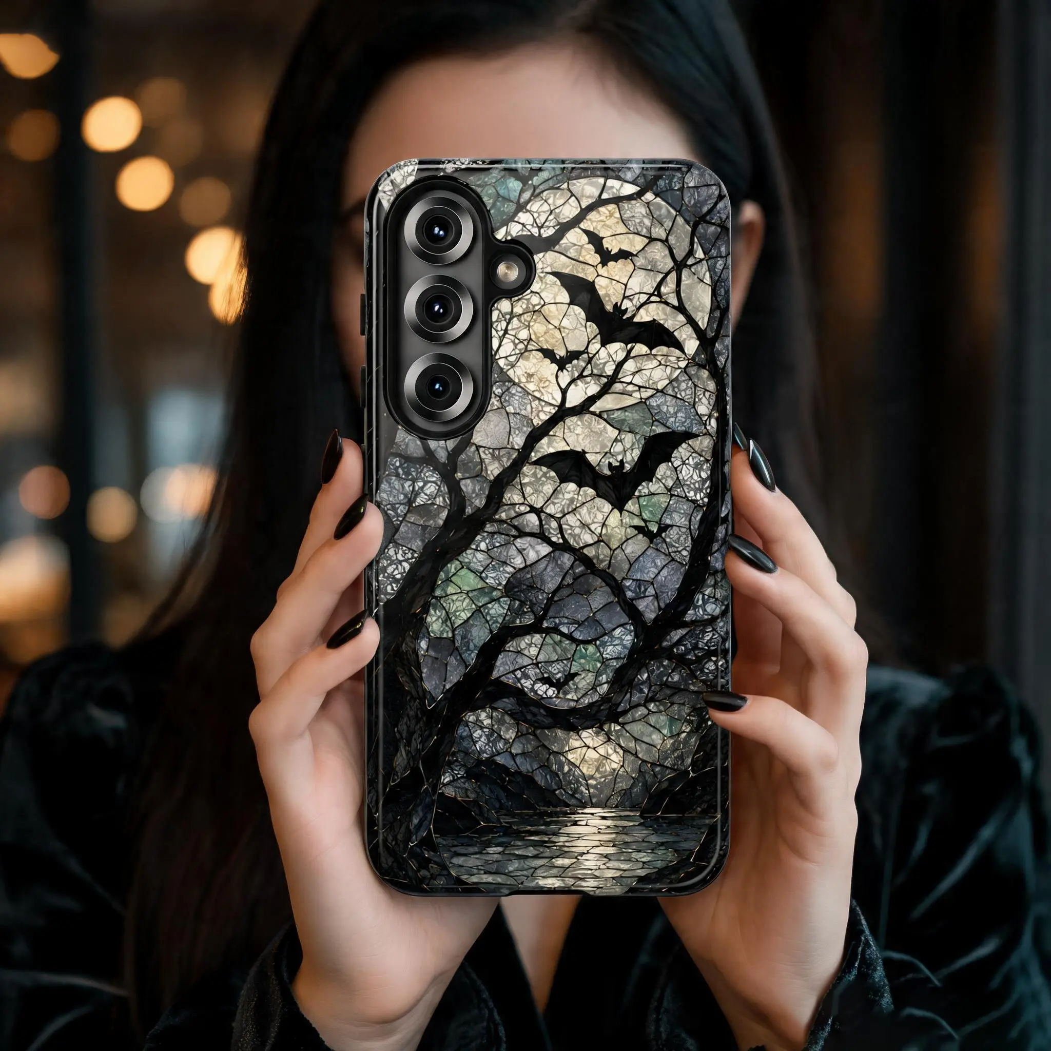 Stained Glass Bat Phone Case, Gothic Halloween Phone Case, Spooky Moonlit Forest Case for iPhone Samsung Galaxy & Pixel